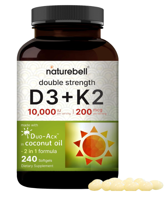 NatureBell Vitamin D3 10,000 IU + K2 200 mcg (240 Softgels)