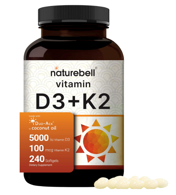 NatureBell Vitamin D3 5,000 IU + K2 100 mcg, 240 Softgels | Daily 2-in-1 Formula with Virgin Coconut Oil | Bone, Heart & Immune Support | MK-7 Form | Non-GMO, Gluten-Free