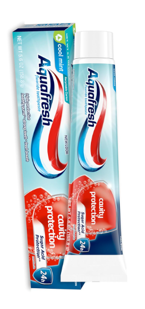 Two Aquafresh toothpaste tubes on a white background