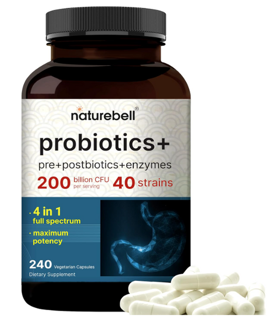 NatureBell Probiotic 200 Billion CFU – 40 Strains Per Serving | 240 Veggie Capsules with Prebiotics and Probiotics – Full Spectrum Complex with Enzymes – Daily Probiotics for Women & Men