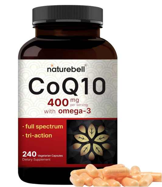 NatureBell CoQ10 400mg with Omega 3 Fatty Acids, 240 Capsules | Stable High Absorption Form – Antioxidant Support for Heart & Energy Health – Extra Strength Coenzyme Q10 Supplement