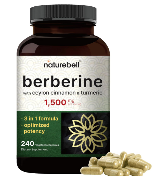 NatureBell Berberine Supplement 1,500mg with Ceylon Cinnamon & Turmeric Root, 240 Veggie Capsules | 97% Pure Berberine HCL | Supports Balanced Sugar Levels & Heart Health | Vegan, Non-GMO