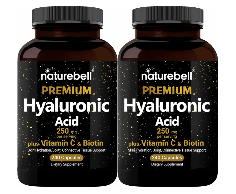 NatureBell 2 Pack Plant Based Hyaluronic Acid Supplements 250mg with 25mg Vitamin C & Biotin 5000mcg, 480 Total Capsules | Essential for Hair Growth, Joint Support, & Hydrating Skin | Non-GMO